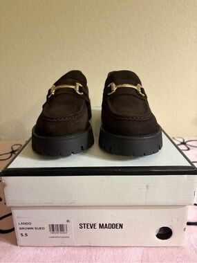 Steve Madden Chocolate Brown Suede Lug Loafers with Gold Bit